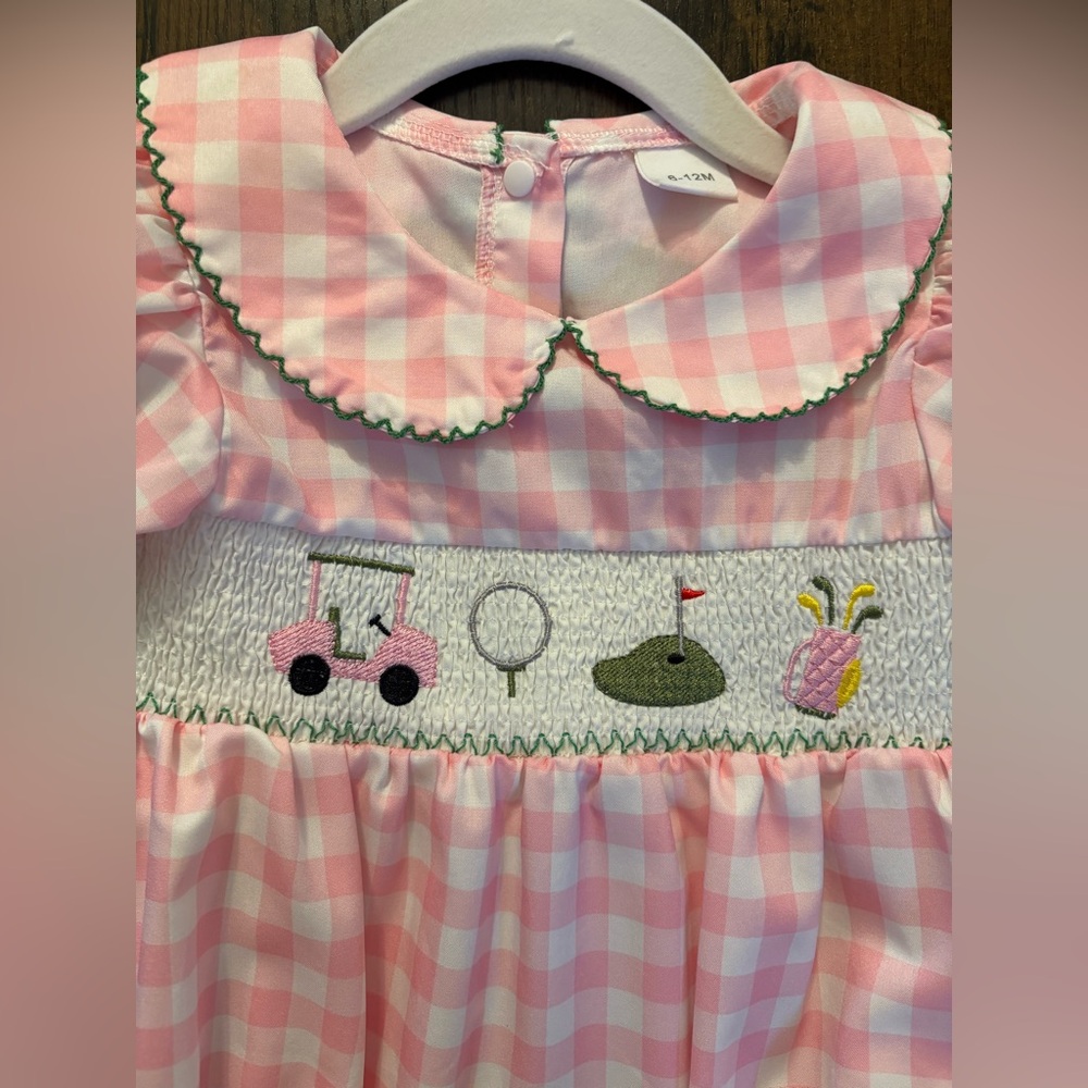 Pink Gingham Golf Themed Baby Romper - Picture 5 of 6